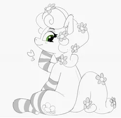 Size: 2968x2898 | Tagged: safe, artist:pabbley, derpibooru import, daisy, flower wishes, earth pony, pony, clothes, female, floating heart, flower, flower in hair, flower in tail, grayscale, heart, image, jpeg, looking back, mare, monochrome, neo noir, partial color, simple background, sitting, smiling, socks, solo, stockings, striped socks, tail, thigh highs, white background