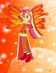 Size: 590x775 | Tagged: safe, artist:magical-mama, artist:selenaede, artist:user15432, derpibooru import, sunset shimmer, fairy, human, equestria girls, alternate hairstyle, barely eqg related, base used, boots, clothes, colored wings, crossover, crystal sirenix, dress, fairy wings, fairyized, gradient background, gradient wings, hand on hip, high heel boots, high heels, image, long hair, orange background, png, ponied up, ponytail, red dress, red wings, shoes, simple background, sirenix, sparkly background, sparkly wings, wings, winx, winx club, winxified