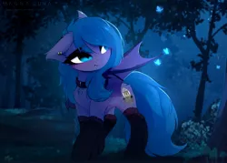 Size: 4096x2936 | Tagged: safe, artist:magnaluna, derpibooru import, oc, oc:belfry towers, unofficial characters only, bat pony, butterfly, insect, pony, forest, image, jpeg, night, solo, tree