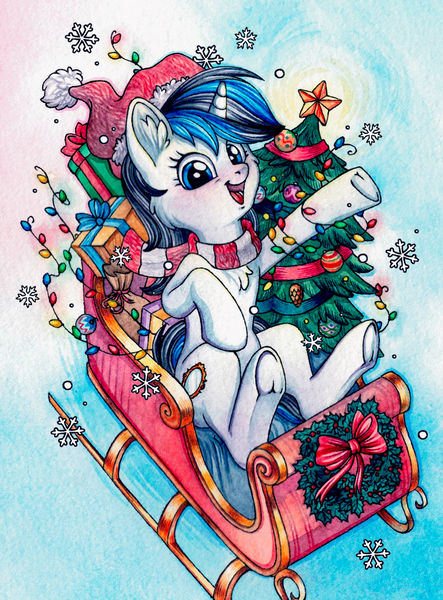 Size: 1277x1731 | Tagged: safe, artist:red-watercolor, derpibooru import, oc, unofficial characters only, pony, unicorn, christmas, christmas lights, christmas star, christmas tree, clothes, female, frog (hoof), holiday, horn, image, mare, png, present, ribbon, scarf, simple background, sled, smile and wave, snow, snowflake, solo, tree, underhoof