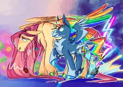 Size: 2656x1892 | Tagged: safe, artist:punkcherries, derpibooru import, fluttershy, rainbow dash, pegasus, pony, alternate design, colored hooves, colored wings, duo, height difference, image, multicolored wings, png, rainbow wings, twitterina design, wings