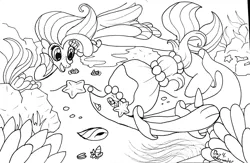 Size: 1334x870 | Tagged: safe, artist:heroinemarielys, derpibooru import, princess skystar, seapony (g4), starfish, my little pony: the movie, black and white, crossover, dorsal fin, female, fins, fin wings, fish tail, flowing mane, flowing tail, freckles, grayscale, image, inktober, looking at each other, looking at someone, monochrome, ocean, open mouth, open smile, png, pokémon, primarina, rock, seashell, seaweed, signature, smiling, swimming, tail, underwater, water, wings