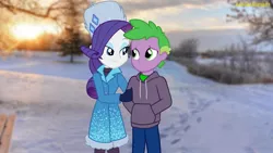 Size: 2048x1152 | Tagged: safe, artist:georgegarza01, derpibooru import, rarity, spike, human, equestria girls, clothes, coat, female, footprint, hat, human spike, humanized, image, jpeg, male, shipping, snow, sparity, straight, sunset, sweatshirt, tree, winter hat, winter outfit