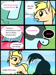 Size: 768x1024 | Tagged: suggestive, artist:windy breeze, derpibooru import, oc, oc:windy breeze, oc:writer rhyme, unofficial characters only, pegasus, pony, unicorn, blank flank, blushing, book, comic, face down ass up, female, femboy, feminine stallion, flirting, frown, grass, heart, horn, image, jpeg, male, mare, mountain, nudity, ocean, pegasus oc, presenting, raised tail, shading, sheath, smiling, stallion, tail, unicorn oc, wings