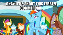 Size: 800x447 | Tagged: safe, derpibooru import, edit, edited screencap, screencap, lighthoof, ocellus, rainbow dash, shimmy shake, smolder, yona, changeling, dragon, earth pony, pegasus, pony, yak, 2 4 6 greaaat, blindfold, caption, dragoness, female, image, image macro, mare, png, school of friendship, text