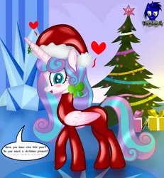 Size: 4608x4985 | Tagged: safe, artist:damlanil, derpibooru import, princess flurry heart, alicorn, pony, blushing, bodysuit, bow, catsuit, christmas, christmas decoration, christmas tree, clothes, comic, cute, dialogue, female, floating heart, flurrybetes, happy, hat, heart, holiday, horn, image, latex, latex suit, looking at you, mare, mistletoe, older, older flurry heart, png, present, rubber, santa hat, shine, shiny, shiny mane, show accurate, smiling, solo, suit, symbiote, talking, talking to viewer, test tube, text, tree, vector, wings