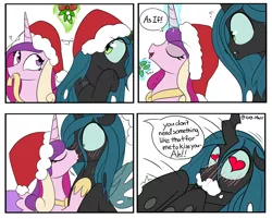 Size: 3451x2771 | Tagged: safe, artist:icey, derpibooru import, princess cadance, queen chrysalis, alicorn, changeling, changeling queen, pony, cadalis, christmas, female, foaming at the mouth, hat, holiday, image, infidelity, kissing, lesbian, mare, mistletoe, png, santa hat, shipping