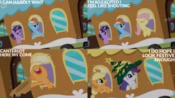 Size: 1280x720 | Tagged: safe, derpibooru import, edit, edited screencap, editor:quoterific, screencap, applejack, fluttershy, rainbow dash, rarity, twilight sparkle, earth pony, pegasus, pony, unicorn, hearth's warming eve (episode), season 2, applejack's hat, christmas, christmas tree, cowboy hat, eyes closed, female, friendship express, hat, holiday, image, mare, nose in the air, open mouth, open smile, png, smiling, snow, train, tree, unicorn twilight, uvula, volumetric mouth