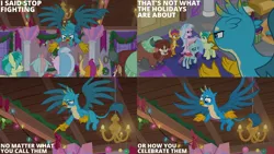 Size: 1280x720 | Tagged: safe, derpibooru import, edit, edited screencap, editor:quoterific, screencap, gallus, ocellus, sandbar, silverstream, smolder, yona, changeling, dragon, earth pony, gryphon, hippogriff, pony, yak, season 8, the hearth's warming club, spoiler:s08, female, flying, image, jpeg, male, open mouth, spread wings, stallion, student six, wings