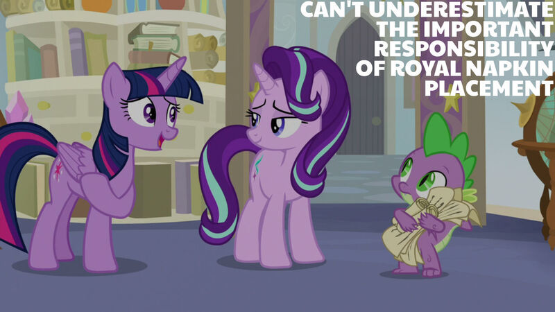 Size: 1280x720 | Tagged: safe, derpibooru import, edit, edited screencap, editor:quoterific, screencap, spike, starlight glimmer, twilight sparkle, twilight sparkle (alicorn), alicorn, dragon, pony, unicorn, a horse shoe-in, season 9, spoiler:s09, female, image, jpeg, male, mare, open mouth, open smile, school of friendship, smiling, winged spike, wings