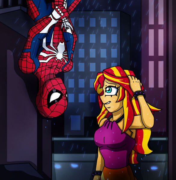 Size: 1920x1968 | Tagged: safe, artist:edcom02, derpibooru import, sunset shimmer, human, equestria girls, crossover, image, jpeg, marvel, rain, spider-man