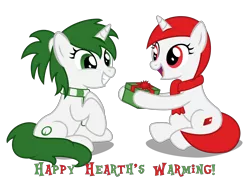 Size: 5500x4000 | Tagged: safe, artist:strategypony, derpibooru import, oc, oc:reno, oc:ruby, unofficial characters only, pony, unicorn, christmas, clothes, duo, duo female, female, gift giving, hearth's warming, holiday, hoof hold, horn, image, mare, open mouth, png, present, scarf, siblings, simple background, sisters, sitting, smiling, transparent background, unicorn oc, wholesome