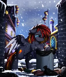 Size: 2930x3436 | Tagged: safe, artist:pridark, derpibooru import, oc, oc:flame runner, unofficial characters only, pegasus, pony, apple, canterlot, crying, dumpster diving, female, food, homeless, image, mare, png, sad, snow, solo, starving, trash, trash can, wavy mouth