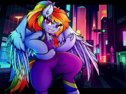 Size: 4096x3072 | Tagged: safe, artist:canvymamamoo, derpibooru import, rainbow dash, pegasus, semi-anthro, alternate hairstyle, belly button, buckball fan gear rainbow dash, chest fluff, city, clothes, colorful background, ear fluff, female, frog (hoof), gameloft, grin, image, jacket, jpeg, looking at you, pants, ponytail, raised eyebrow, raised hoof, shorts, smiling, solo, sports bra, sports shorts, spread wings, sweatpants, underhoof, wings
