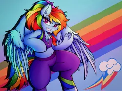 Size: 4096x3072 | Tagged: safe, alternate version, artist:canvymamamoo, derpibooru import, rainbow dash, pegasus, semi-anthro, abstract background, alternate hairstyle, belly button, buckball fan gear rainbow dash, chest fluff, clothes, cutie mark background, ear fluff, female, frog (hoof), gameloft, grin, image, jacket, jpeg, looking at you, pants, ponytail, rainbow, raised eyebrow, raised hoof, shorts, smiling, solo, sports bra, sports shorts, spread wings, sweatpants, underhoof, wings