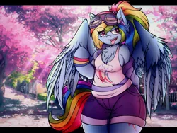 Size: 3402x2560 | Tagged: safe, artist:canvymamamoo, derpibooru import, kotobukiya, rainbow dash, pegasus, semi-anthro, alternate hairstyle, blushing, breasts, cherry blossoms, chest fluff, clothes, ear fluff, fangs, female, flower, flower blossom, goggles, image, jacket, jpeg, kotobukiya rainbow dash, open mouth, ponytail, shorts, smiling, smug, solo, spread wings, tanktop, tongue out, wings, wristband