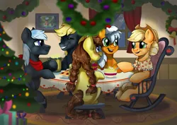 Size: 2048x1451 | Tagged: safe, artist:ali-selle, derpibooru import, applejack, oc, oc:apple hope, oc:apple smart, oc:apple song, oc:dragon, earth pony, apple, apple pie, braid, canon x oc, christmas, christmas lights, christmas tree, christmas wreath, cider, cowboy hat, dragojack, female, food, hat, hearth's warming eve, holiday, image, jpeg, male, older, older applejack, older oc, painting, parent:applejack, parent:oc:dragon, parents:canon x oc, parents:dragojack, pie, present, shipping, snow, straight, tree, wreath