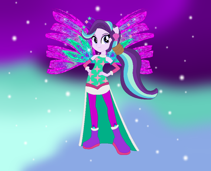 Size: 864x700 | Tagged: safe, artist:beast-playah, artist:selenaede, artist:user15432, derpibooru import, starlight glimmer, fairy, human, equestria girls, alternate hairstyle, barely eqg related, base used, boots, clothes, colored wings, crossover, crystal sirenix, dress, fairy wings, fairyized, galaxy background, gradient background, gradient wings, green dress, hand on hip, high heel boots, high heels, image, long hair, png, ponied up, ponytail, purple wings, shoes, sirenix, sparkly background, sparkly wings, wings, winx, winx club, winxified