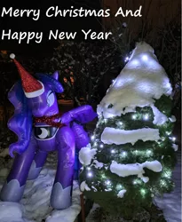 Size: 2544x3100 | Tagged: safe, artist:arniemkii, derpibooru import, princess luna, alicorn, inflatable pony, pegasus, pony, unicorn, luna eclipsed, bootleg, christmas, christmas lights, christmas tree, holiday, hongyi, image, inflatable, inflatable toy, jpeg, my little pony, photo, solo, tree, winter