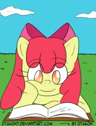 Size: 1116x1455 | Tagged: safe, artist:otakon, derpibooru import, apple bloom, anthro, earth pony, book, cropped, female, foal, image, png, reading, smiling, solo