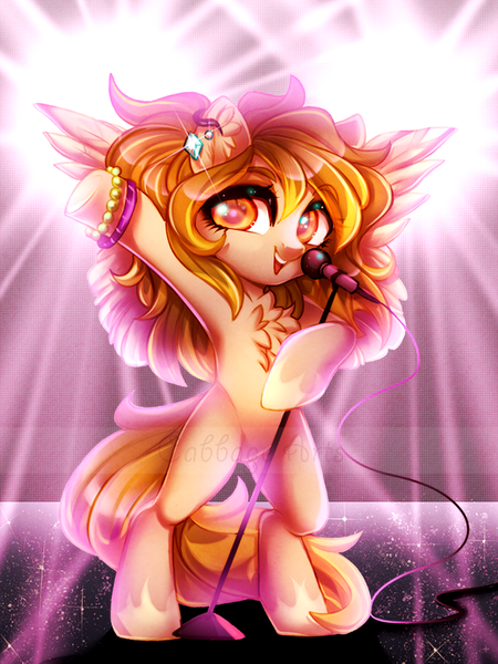 Size: 650x867 | Tagged: safe, artist:cabbage-arts, derpibooru import, oc, unofficial characters only, pegasus, bipedal, bracelet, chest fluff, ear piercing, earring, female, image, jewelry, microphone, open mouth, pegasus oc, piercing, png, solo, wings