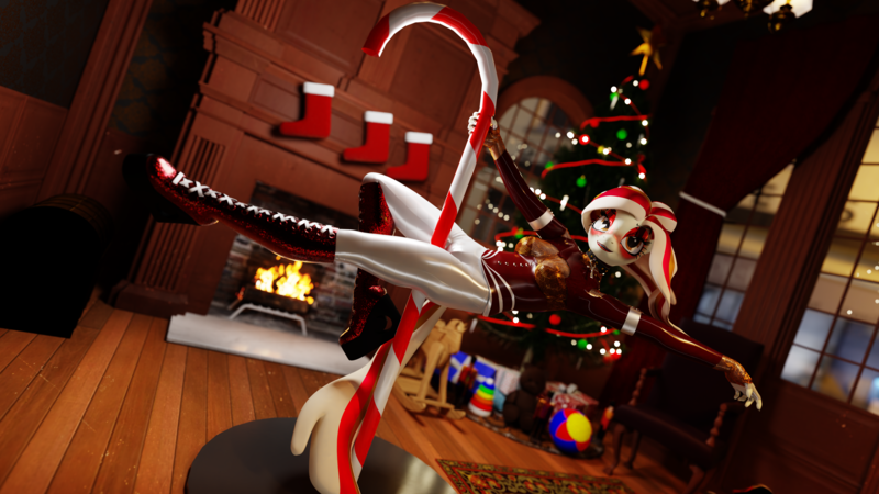 Size: 3840x2160 | Tagged: suggestive, artist:jdash, derpibooru import, oc, oc:hazel harvest, anthro, 3d, ankh, anthro oc, blender, boots, candy, candy cane, choker, christmas, christmas tree, clothes, corset, cycles, food, high res, holiday, image, latex, leggings, makeup, platform boots, png, pole dancing, present, shoes, stripper pole, tree