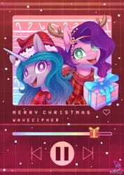 Size: 2480x3508 | Tagged: safe, artist:musicfirewind, derpibooru import, izzy moonbow, pipp petals, pegasus, pony, unicorn, my little pony: a new generation, christmas, clothes, female, g5, gift wrapped, high res, holiday, image, jpeg, mare, open mouth, scarf