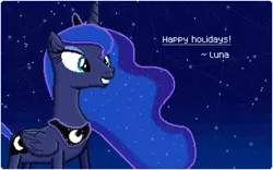 Size: 2560x1600 | Tagged: safe, artist:calinou, derpibooru import, princess luna, alicorn, pony, christmas, constellation, cute, digital art, female, g4, gift art, holiday, image, manechat, night, pixel art, pixelorama, png, postcard, solo, stars