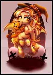 Size: 700x991 | Tagged: oc name needed, safe, artist:cabbage-arts, derpibooru import, oc, unofficial characters only, bat pony, pony, bat pony oc, bat wings, clothes, commission, commissioner:galaxy starpt, female, gravestone, halloween, hat, holiday, image, mouth hold, png, socks, solo, striped socks, watermark, wings, witch hat, ych result