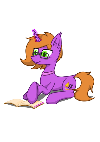 Size: 1000x1414 | Tagged: safe, artist:yufebwifbi, derpibooru import, oc, unofficial characters only, pony, unicorn, book, ear fluff, female, glasses, glow, glowing horn, green eyes, horn, image, lying down, magic, mare, png, prone, shadow, simple background, smiling, solo, tail, telekinesis, unicorn oc, white background