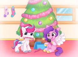 Size: 3000x2213 | Tagged: safe, artist:malarkey, derpibooru import, pipp petals, zipp storm, pegasus, pony, my little pony: a new generation, candy, candy cane, christmas, christmas tree, duo, duo female, female, females only, filly, filly pipp petals, filly zipp storm, foal, food, g5, holiday, image, mare, microphone, png, siblings, sisters, tree, younger