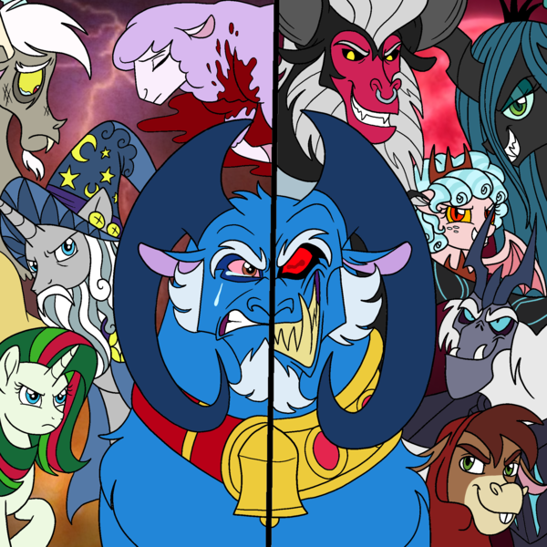 Size: 2048x2048 | Tagged: safe, artist:melspyrose, derpibooru import, bray, discord, grogar, gusty, gusty the great, lord tirek, queen chrysalis, star swirl the bearded, storm king, centaur, changeling, demon, demon pony, donkey, draconequus, goat, original species, pony, sheep, storm creature, taur, unicorn, my little pony: the movie, backstory in description, crying, image, png, sadness, tears of pain, two sides