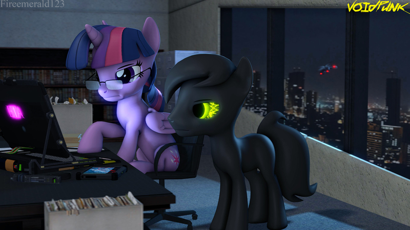 Size: 3840x2160 | Tagged: safe, artist:fireemerald123, derpibooru import, twilight sparkle, twilight sparkle (alicorn), oc, oc:occulant truth, alicorn, 3d, city, computer, eta, files, glasses, glow, glowing eyes, gun, handgun, helicopter, high res, image, jpeg, laptop computer, night, pistol, source filmmaker, tablet, void entity, voidpunk, watermark, weapon, window