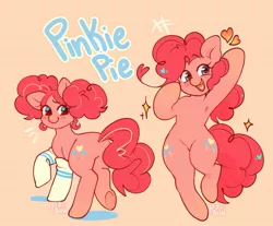 Size: 1608x1332 | Tagged: safe, artist:peacheebun, derpibooru import, pinkie pie, earth pony, pony, alternate hairstyle, bipedal, both cutie marks, clothes, cute, diapinkes, female, heart, image, jpeg, mare, open mouth, pink background, pinktails pie, simple background, smiling, socks, solo