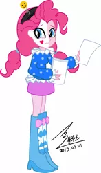 Size: 900x1526 | Tagged: safe, artist:bluse, derpibooru import, pinkie pie, equestria girls, alternate hairstyle, boots, clothes, female, high heel boots, image, jpeg, makeup, paper, ruff (clothing), sad, sad clown, shoes, show accurate, simple background, skirt, solo