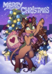 Size: 908x1280 | Tagged: safe, artist:pony straponi, derpibooru import, oc, oc:way right, unofficial characters only, kirin, bag, broken horn, christmas, christmas tree, colored, flat colors, holiday, horn, image, jpeg, kirin oc, merry christmas, present, snow, solo, tree