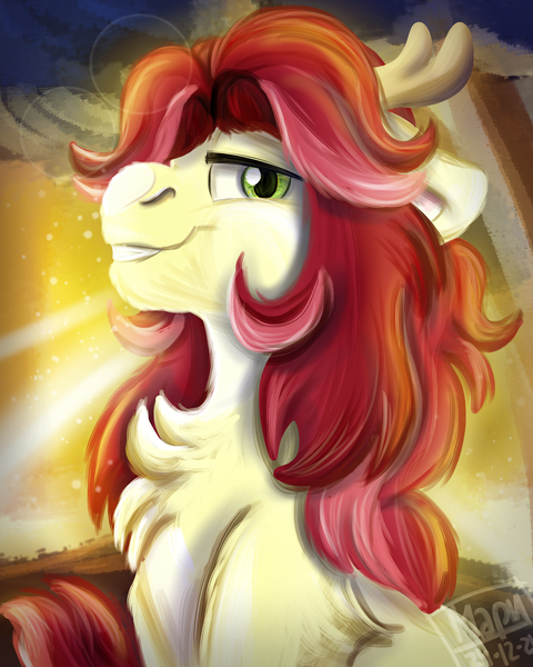 Size: 2000x2500 | Tagged: safe, artist:euspuche, derpibooru import, oc, oc:eustakia, unofficial characters only, deer, earth pony, pony, bust, female, image, looking at you, mare, png, portrait, smiling, sunset