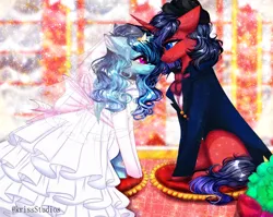 Size: 4000x3179 | Tagged: safe, artist:krissstudios, derpibooru import, oc, unofficial characters only, pegasus, pony, unicorn, clothes, dress, female, image, male, mare, png, stallion, suit, wedding dress