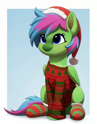 Size: 1450x1850 | Tagged: safe, artist:luminousdazzle, derpibooru import, oc, unofficial characters only, pegasus, pony, abstract background, blue eyes, christmas, christmas sweater, clothes, female, folded wings, full body, hat, holiday, image, jpeg, mare, pegasus oc, santa hat, sitting, smiling, socks, solo, striped socks, sweater, tail, two toned mane, two toned tail, wings