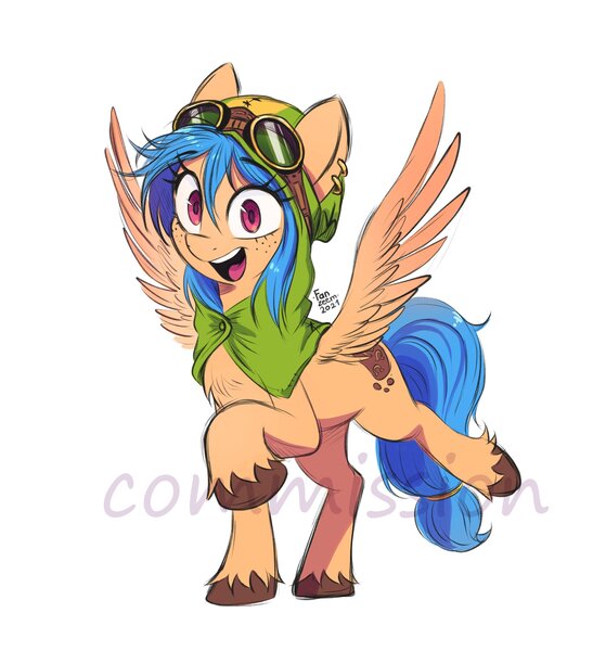 Size: 2480x2721 | Tagged: safe, artist:fanzeem, derpibooru import, oc, unofficial characters only, pegasus, pony, chest fluff, commission, ear piercing, earring, female, freckles, goggles, high res, hood, image, jewelry, jpeg, looking at you, mare, open mouth, open smile, piercing, raised hoof, simple background, smiling, smiling at you, solo, spread wings, watermark, white background, wings