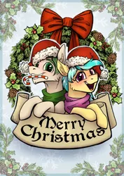 Size: 1694x2396 | Tagged: safe, artist:helmie-art, derpibooru import, oc, oc:karoline skies, oc:lodvik, unofficial characters only, earth pony, pony, candy, candy cane, chin fluff, christmas, christmas wreath, clothes, duo, female, food, freckles, high res, holiday, image, jpeg, looking at you, male, mare, mouth hold, open mouth, open smile, scarf, smiling, smiling at you, stallion, wreath