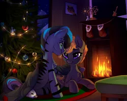 Size: 3772x3000 | Tagged: safe, artist:taneysha, derpibooru import, oc, unofficial characters only, pegasus, pony, blanket, chest fluff, christmas, christmas stocking, christmas tree, commission, female, fire, fireplace, high res, holiday, image, jpeg, looking at each other, looking at someone, male, mare, oc x oc, ornament, shipping, sitting, snow, stallion, straight, tree, trophy