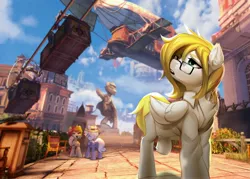 Size: 4000x2868 | Tagged: safe, artist:vensual99, derpibooru import, pegasus, pony, unicorn, airship, bioshock, bioshock infinite, city, clothes, crossover, female, glasses, high res, image, jpeg, mare, shirt, statue, walking