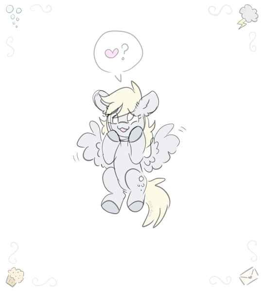 Size: 1000x1100 | Tagged: safe, artist:pink-pone, derpibooru import, derpy hooves, pegasus, pony, colored sketch, female, heart, image, mare, open mouth, open smile, png, simple background, sketch, smiling, solo, speech bubble, white background