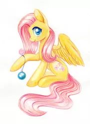 Size: 822x1134 | Tagged: safe, artist:maytee, derpibooru import, fluttershy, pegasus, pony, christmas, christmas ornament, decoration, holiday, image, jpeg, simple background, smiling, solo, traditional art, white background