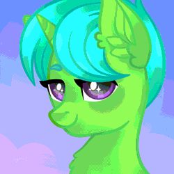 Size: 1500x1500 | Tagged: safe, artist:crystal_lagoon, derpibooru import, oc, oc:green byte, unofficial characters only, pony, unicorn, animated, blinking, bust, chest fluff, commission, ear fluff, gif, heart, horn, image, lidded eyes, looking at you, loop, male, portrait, purple eyes, smiling, solo, sparkly eyes, stallion, unicorn oc, ych result