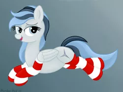Size: 3736x2812 | Tagged: safe, artist:rainbowšpekgs, derpibooru import, oc, oc:haze northfleet, unofficial characters only, pegasus, pony, bedroom eyes, clothes, female, gradient background, image, lying, lying down, mare, open mouth, png, prone, sexy, socks, solo, striped socks, wings