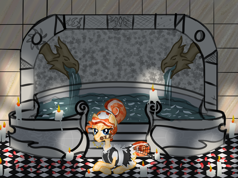 Size: 2000x1500 | Tagged: suggestive, artist:tentajack, derpibooru import, oc, oc:carnelian charade, unofficial characters only, crystal pony, bath, bathtub, bit gag, bubble bath, candle, clothes, gag, image, maid, png, rose petals, royal quest, semi-rendered, solo