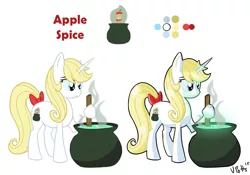 Size: 1987x1390 | Tagged: safe, artist:torusthescribe, derpibooru import, oc, oc:apple spice, unofficial characters only, pony, unicorn, bow, cauldron, duo, female, hoof hold, horn, image, jpeg, mare, offspring, parent:applejack, parent:prince blueblood, parents:bluejack, signature, simple background, smiling, tail, tail bow, unicorn oc, white background