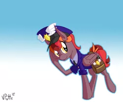 Size: 2017x1670 | Tagged: safe, artist:torusthescribe, derpibooru import, oc, unofficial characters only, pegasus, pony, bag, female, gradient background, hat, image, jpeg, mailmare, mare, necktie, pegasus oc, saddle bag, signature, smiling, solo, wings